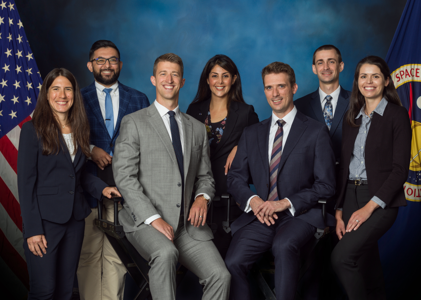 A photo of NASA’s 2022 class of flight directors who will oversee operations of the International Space Station, commercial crew, and Artemis missions to the Moon. The inductees, from left to right: Heidi Brewer, Ronake Dave, Garrett Hehn, Diana Trujillo, Elias Myrmo, Chris Dobbins, and Nicole McElroy. Credits: NASA