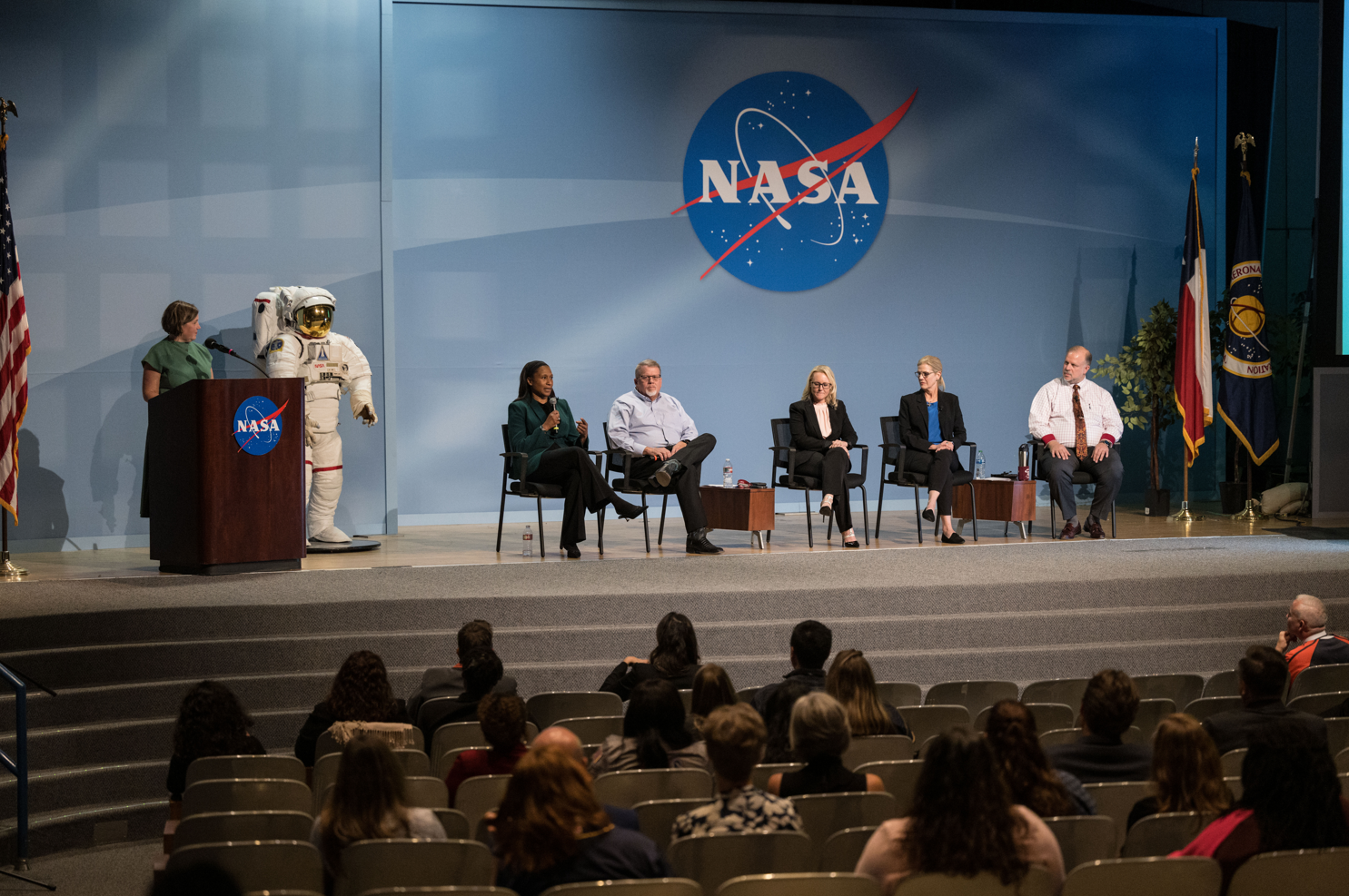 Panelists engaged in an insightful discussion in the Teague auditorium. From left to right: Anne Roemer, Jeanette Epps, William Cleek, Joy Kelly, Lauren Goodwin, and Ralph Grau. Credits: NASA