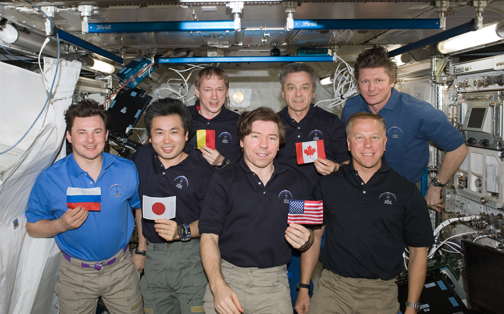 During Expedition 20, all five space station partner nations were represented together on board the Station for the first time. Pictured here, from left to right, is Russian Federal Space Agency cosmonaut Roman Romanenko; Japanese astronaut Koichi Wakata; European astronaut Frank De Winne; NASA astronaut Michael Barratt; Canadian Space Agency (CSA) Astronaut Bob Thirsk; NASA astronaut Tim Kopra, and cosmonaut Gennady Padalka.