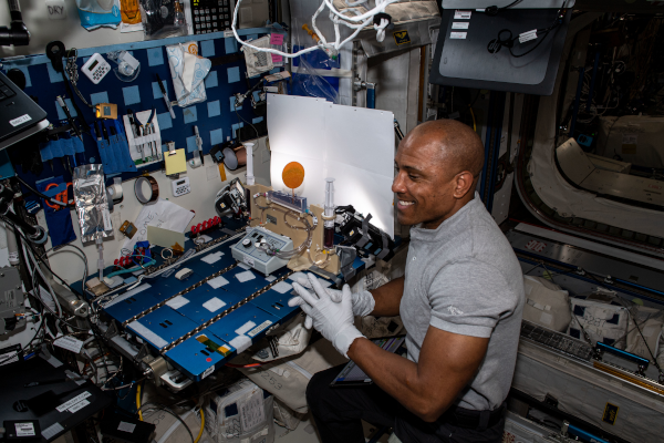 NASA astronaut Victor Glover works on the Plant Water Management experiment that is exploring hydroponics as a way to sustain plants in microgravity from germination through harvest. Credits: NASA