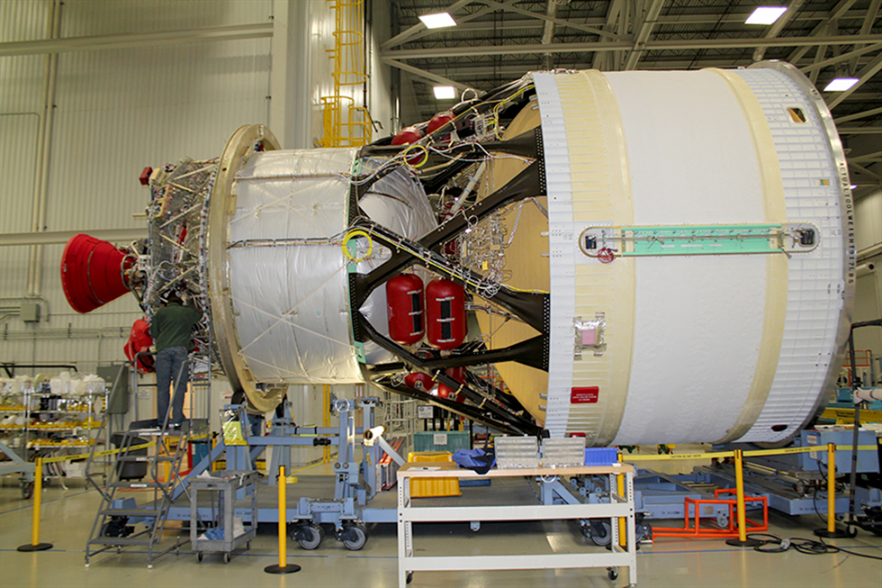 The propulsion system that gives the Orion spacecraft the in-space push needed to travel thousands of miles beyond the Moon and back completes major assembly at United Launch Alliance in Decatur, Alabama. The Boeing-designed interim cryogenic propulsion stage is a liquid oxygen/liquid hydrogen-based system that will give Orion an extra punch of power. Image Credit: ULA