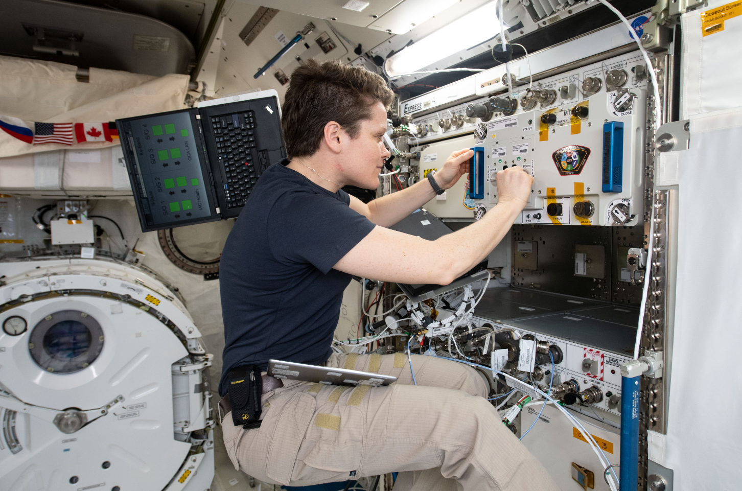 NASA astronaut Anne McClain installs the MVP-2 platform onto Express Rack 4 aboard the International Space Station. Credits: NASA