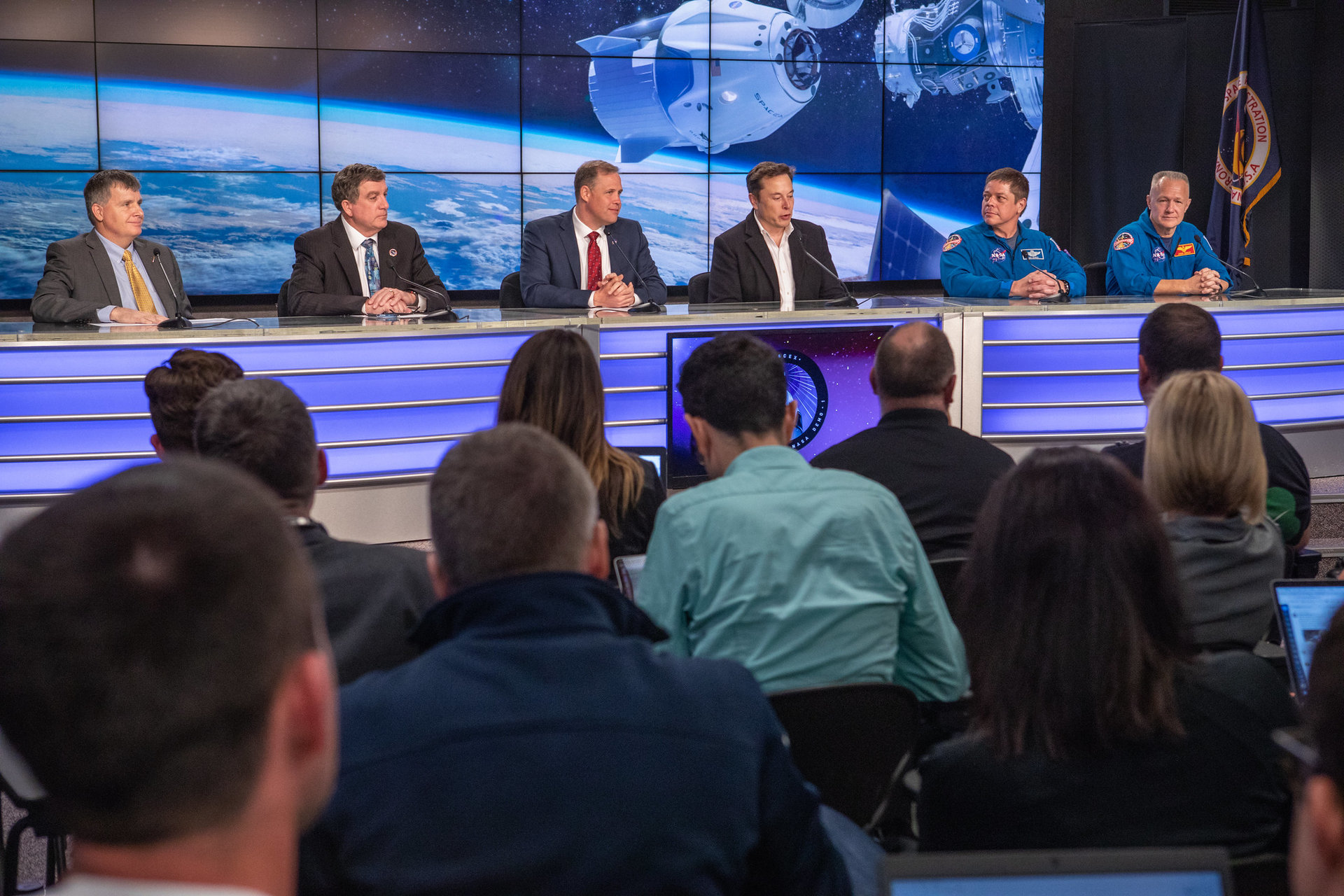 Stich (left) at the post launch press conference following the launch of DM-1, the successful uncrewed test flight of the SpaceX Crew Dragon spacecraft.