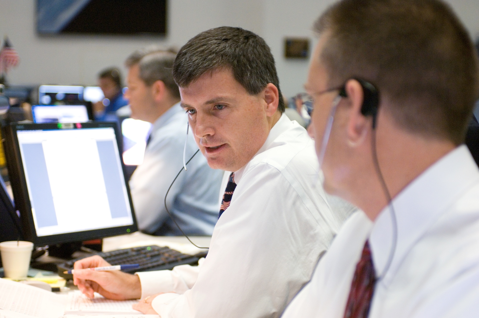 Steve Stich on console in Johnson's Mission Control Center during a space shuttle mission.