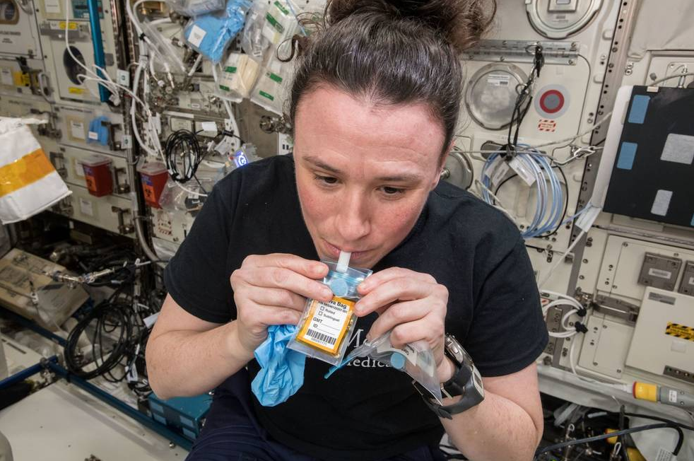 NASA astronaut Serena Auñón-Chancellor provides a saliva sample on the International Space Station. Her sample will be used to measure stress hormones and other biomarkers of health that can reveal how her immune system changes in space. Credits: NASA