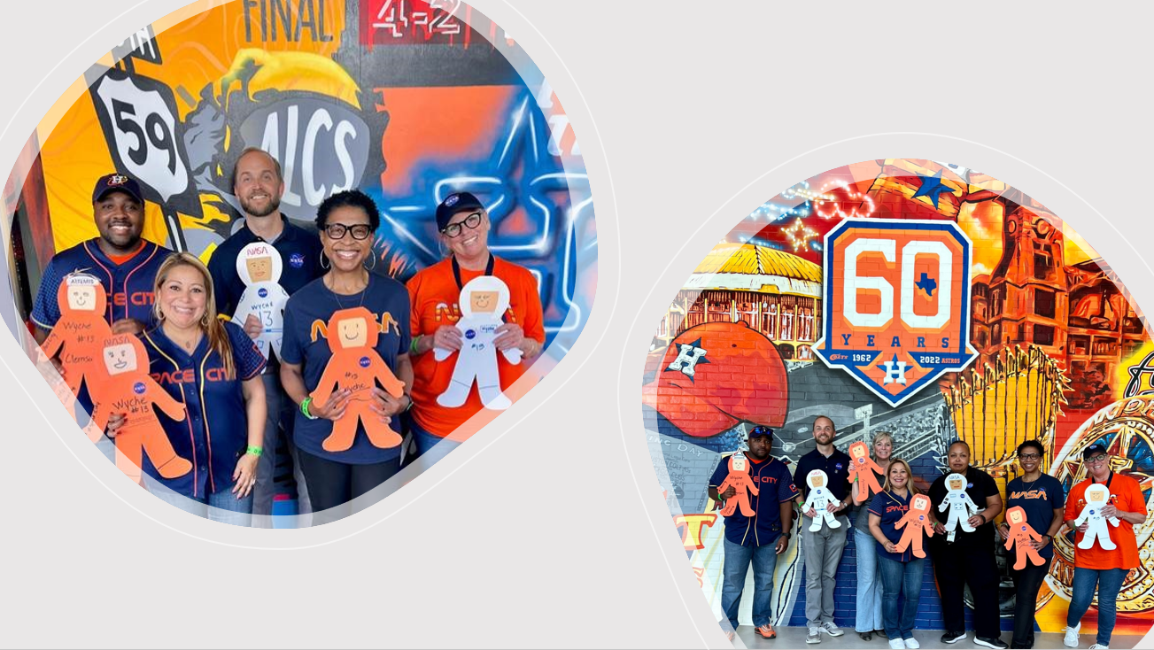 A team of Johnson volunteers will be back in support of this coming afternoon game on July 16. Here, they pose with cut-out astronauts made during NASA Night with the Astros on May 2, 2022. Credits: Jessica Cordero