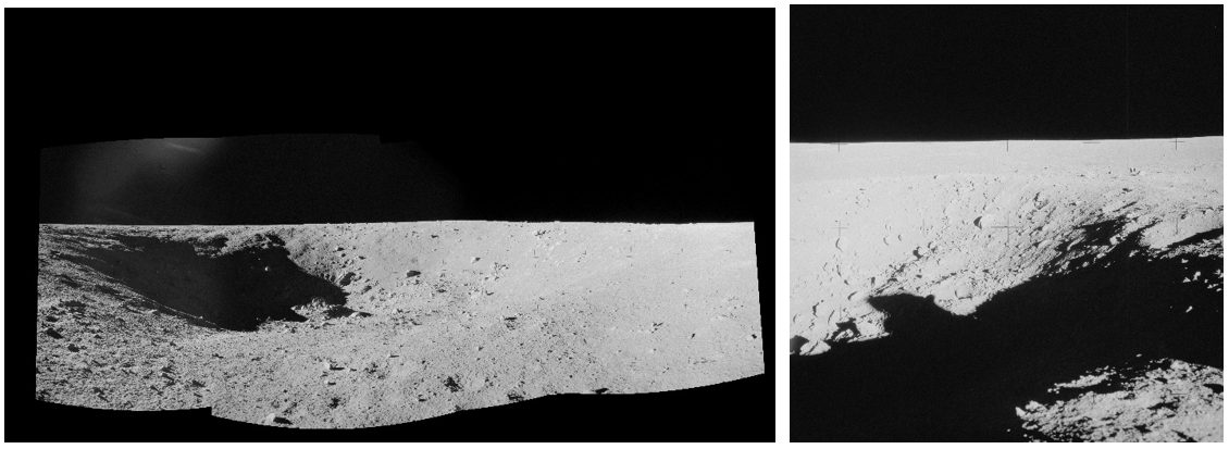 Left: Panoramic composite of Bench Crater. Right: Conrad on the edge of steep-rimmed Sharp Crater.