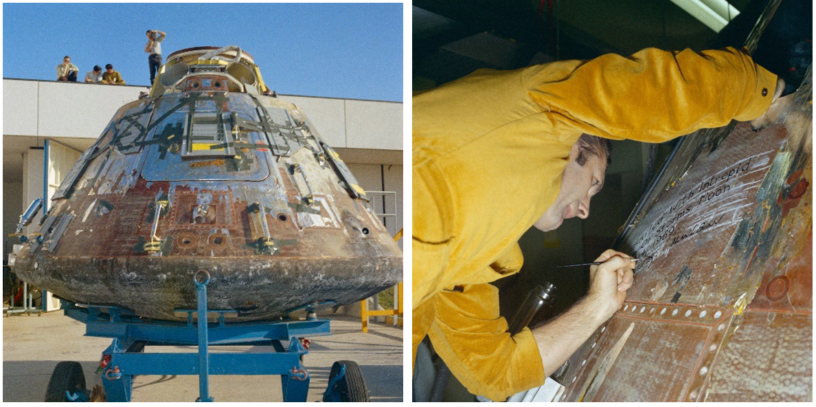 Left: Apollo 12 CM Yankee Clipper arrives at the LRL. Right: Gordon signs Yankee Clipper in the LRL.