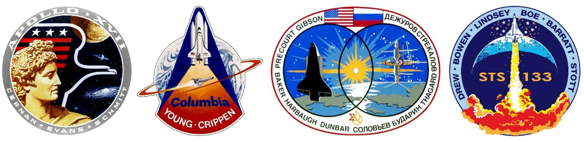A selection of mission patches that McCall designed. From left to right: Apollo 17, the last Moon-landing mission; STS-1, the first flight of the space shuttle; STS-71, the first Shuttle-Mir docking; and STS-133, based on McCall's sketches.