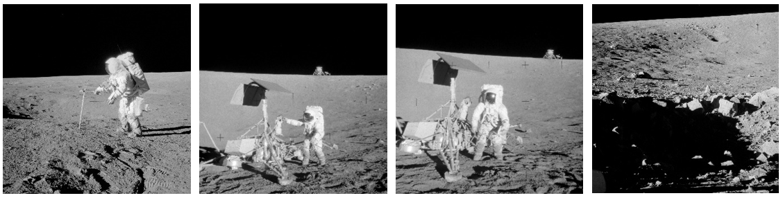 Left: Bean hammering a core sample near Halo Crater. Middle left: Conrad with Surveyor 3. Middle right:  Bean poses with Surveyor 3. Right: Block Crater, with Surveyor 3 and the astronauts’ tracks along the rim of Surveyor Crater in the background.