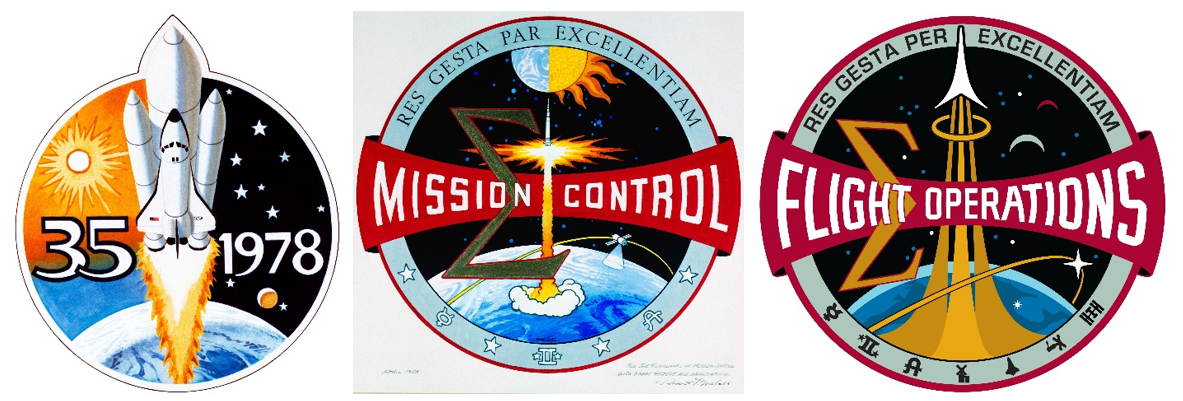 Left: The patch of the Astronaut Class of 1978. Middle: McCall’s original 1973 sketch for mission control. Right: Today’s patch of Johnson’s Flight Operations Directorate.