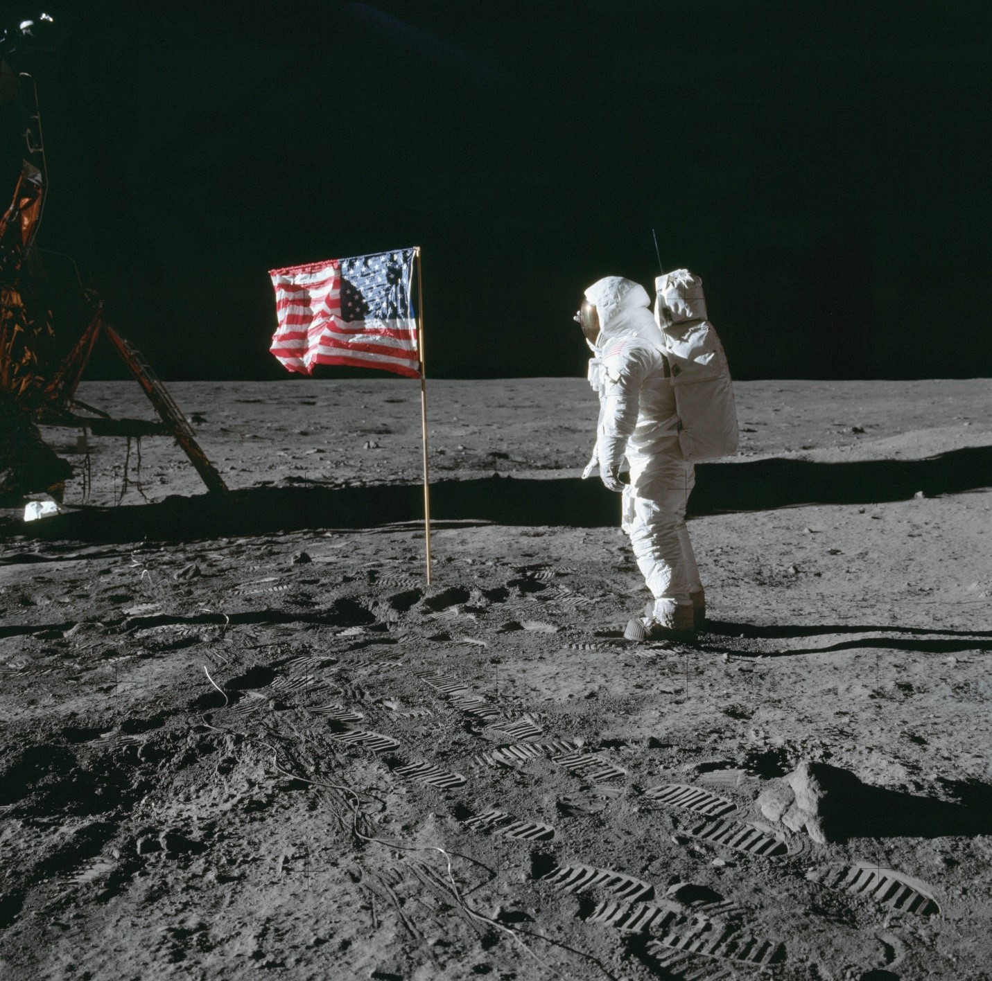 Apollo 11 astronaut Buzz Aldrin salutes the American flag at Tranquility Base
