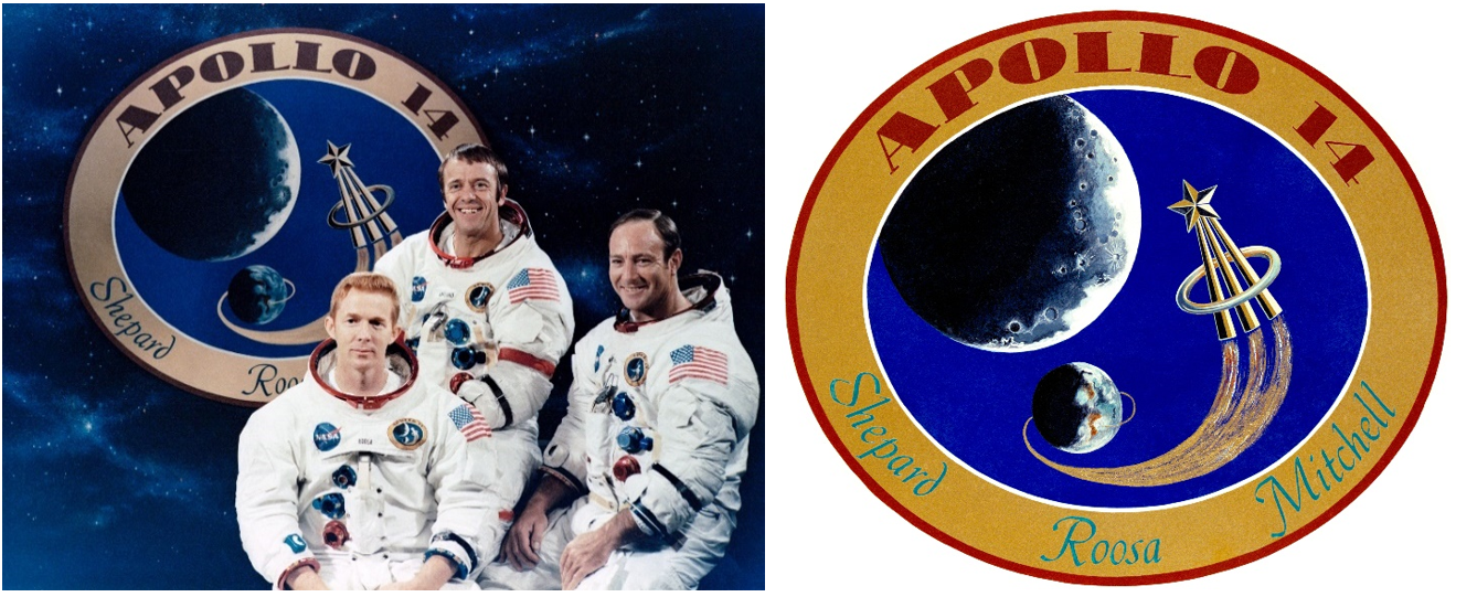 Left: The Apollo 14 crew of, from left, Stuart A. Roosa, Alan B. Shepard, and Edgar D. Mitchell. Right: The Apollo 14 crew patch. Credits: NASA