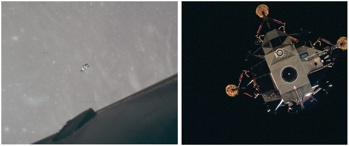 Left: The Apollo 14 Command and Service Module Kitty Hawk photographed in lunar orbit by astronauts Alan B. Shepard and Edgar D. Mitchell shortly after they separated aboard the Lunar Module Antares.  Right: Antares photographed from Kitty Hawk by Stuart A. Roosa shortly after undocking. Credits: NASA