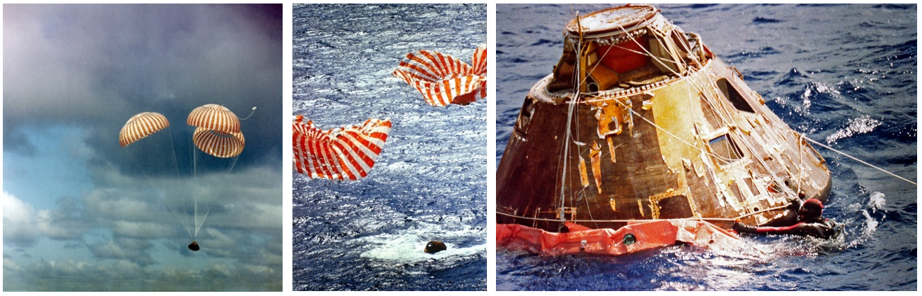 Left: Apollo 14 Command Module (CM) Kitty Hawk descending under its three main parachutes. Middle: Kitty Hawk at the moment of splashdown. Right: A recovery swimmer attaches the flotation collar around the CM, with the still-attached parachute lines still visible. Credits: NASA