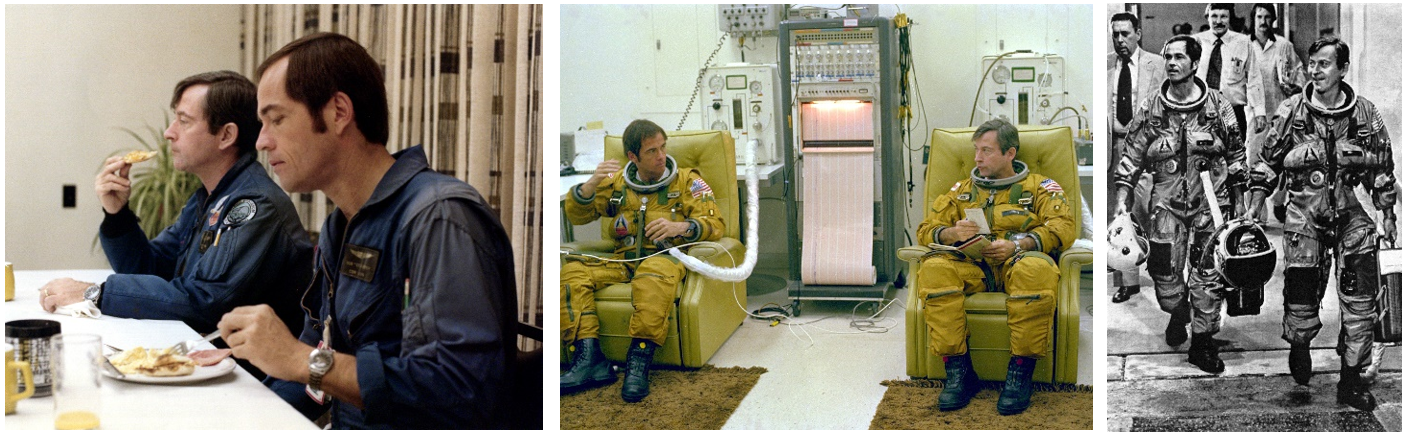 Left: STS-1 astronauts John W. Young, left, and Robert L. Crippen enjoy the traditional prelaunch or, in this case, pre-CDT breakfast in the crew quarters. Middle: Crippen, left, and Young suit up for the CDT.  Right: Crippen, left, and Young, walk out of the crew quarters building to take the ride out to Launch Pad 39A. Credits: NASA