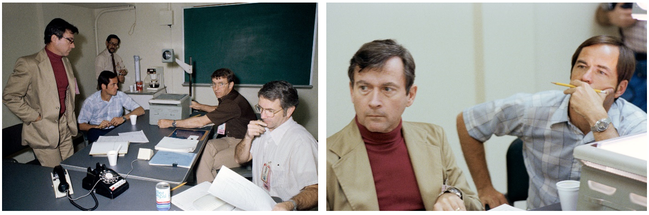 Left: STS-1 prime and backup crew members John W. Young, left, Robert L. Crippen, Joe H. Engle, and Richard H. Truly during a teleconference briefing at NASA’s Johnson Space Center in Houston two days before their departure for NASA’s Kennedy Space Center in Florida. Right: Young, left, and Crippen studying the briefing material. Credits: NASA