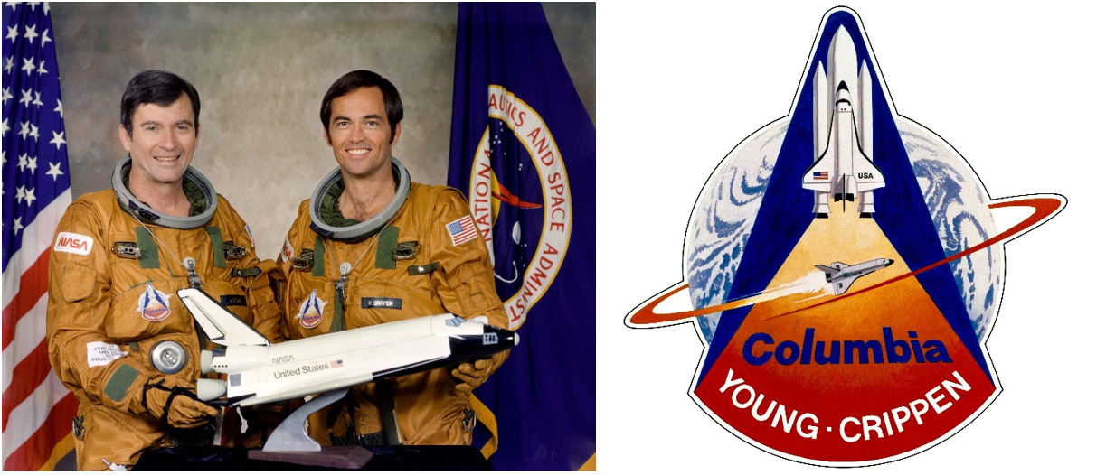 Left: Official crew photo of the STS-1 crew of John W. Young, left, and Robert L. Crippen. Right: Official crew patch of the STS-1 mission. Credits: NASA