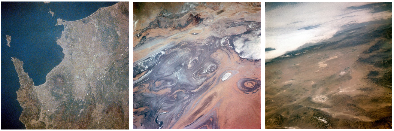 Left: Naples and Mt. Vesuvius, Italy, photographed by the STS-1 crew. Middle: The Great Kavir Salt Desert, Iran, photographed by the STS-1 crew. Right: Photograph taken by the STS-1 crew of the Mojave Desert region of California, including the Rogers Dry Lake at NASA’s Dryden Flight Research Center, now NASA’s Armstrong Flight Research Center, Columbia’s landing site, at the center of the photograph. Credits: NASA