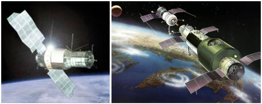 Left: Illustration of the military Almaz experimental space station. Credit: Image courtesy of Anatoly Zak. Right: Illustration of the Salyut space station, with a Soyuz crew transport spacecraft approaching at upper left. Credits: Image courtesy of RIA-Novosti.