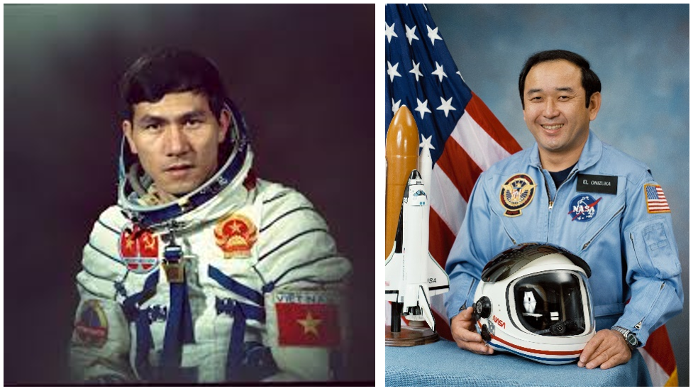 Left: Vietnamese cosmonaut Phạm Tuân. Right: Official NASA portrait of astronaut Ellison S. Onizuka. Credits: NASA