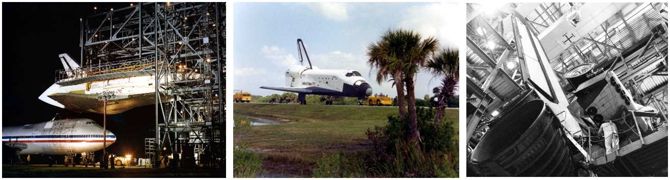 Left: At NASA’s Kennedy Space Center in Florida, ground crews lift Space Shuttle Columbia from the Shuttle Carrier Aircraft in the mate-demate device. Middle: Ground crews tow Columbia from the Shuttle Landing Facility to the Orbiter Processing Facility (OPF). Right: In the OPF, workers remove Columbia’s orbiter maneuvering system pods for refurbishment for the next mission, STS-2. Credits: NASA