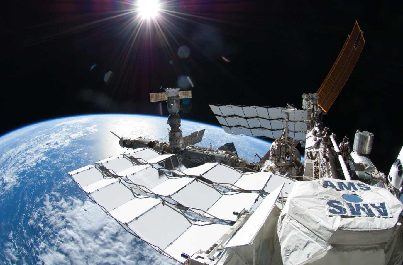 AMS-02, with its protective shielding, is shown located on the International Space Station’s starboard Truss-3 structure. Credits: NASA