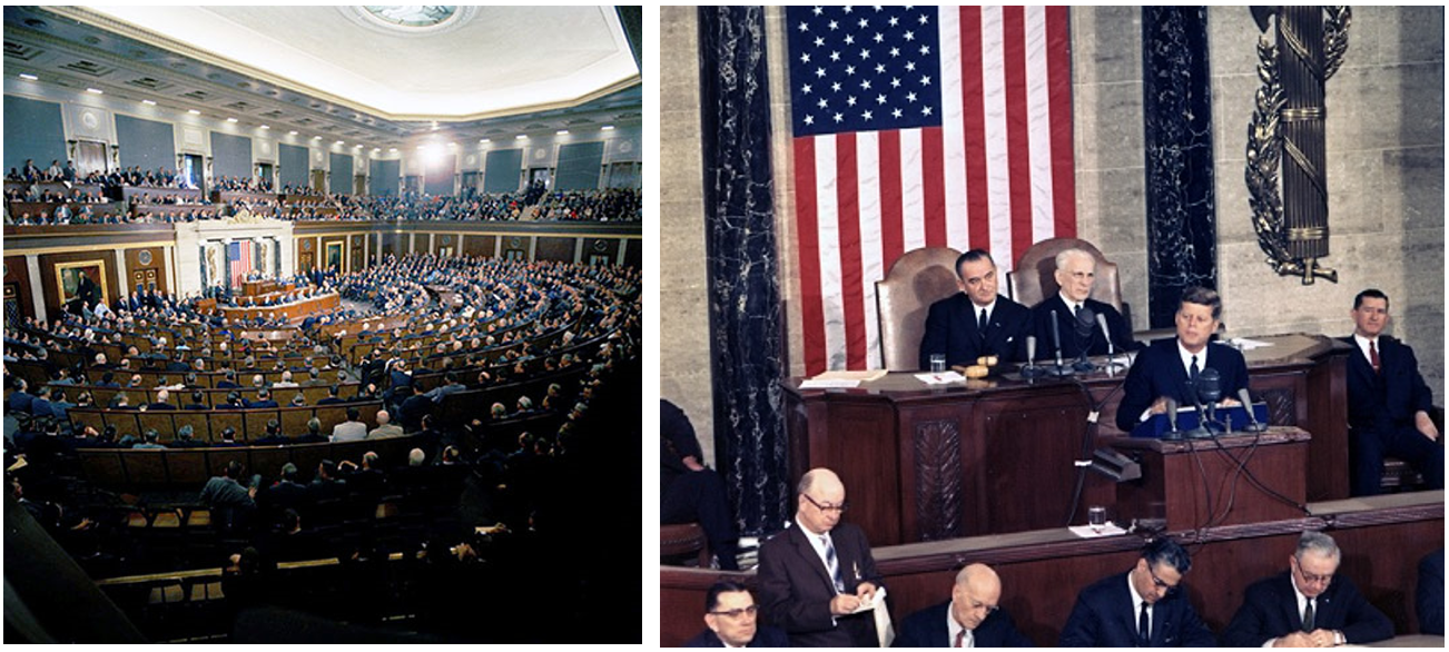 Left: View of the House of Representatives chamber during President John F. Kennedy’s May 25, 1961 address to a joint session of Congress. Right: President Kennedy addresses the joint session of Congress.