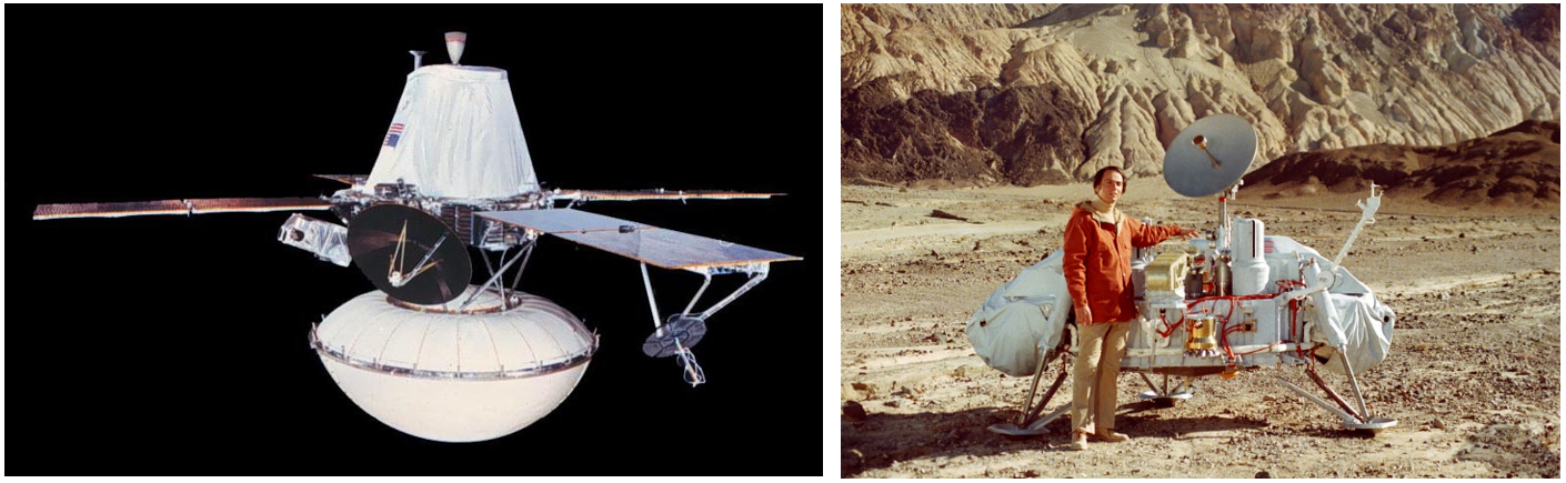 Left: Image of the Viking spacecraft, with the lander encased in its bioshield, at bottom. Right: Cornell University astronomer Carl Sagan stands next to a model of a Viking lander to provide scale. Credits: NASA