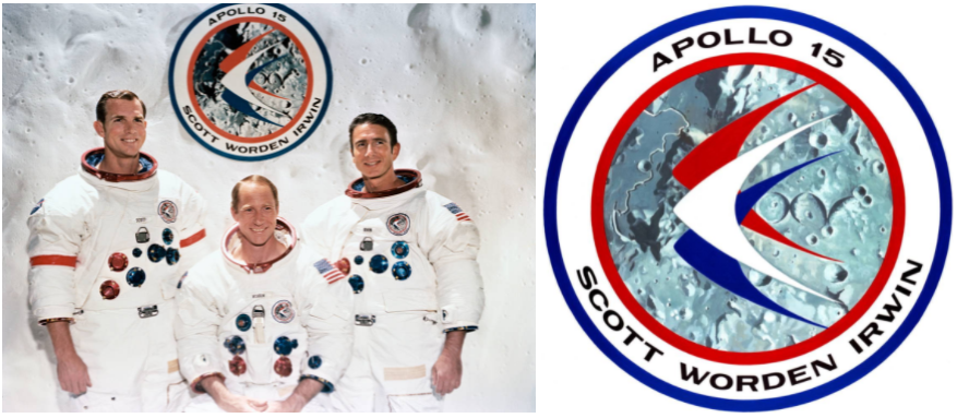 Left: The Apollo 15 crew of David R. Scott, left, Alfred M. Worden, and James B. Irwin. Right: The Apollo 15 crew patch.