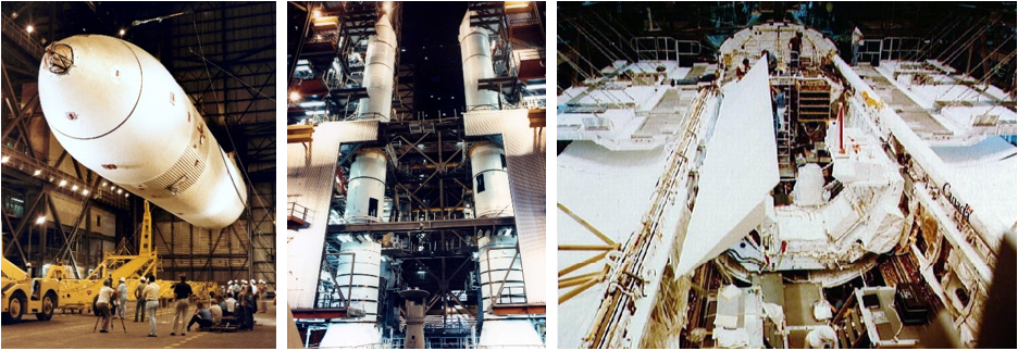 Left: The external tank for the STS-2 mission shortly after its arrival in the Vehicle Assembly Building (VAB) at NASA’s Kennedy Space Center in Florida. Middle: The SRBs stacked on the mobile launch platform inside the VAB. Right: In Kennedy’s Orbiter Processing Facility, the OSTA-1 payload and the Canadian-built remote manipulator system installed in Columbia’s payload bay. Credits: NASA