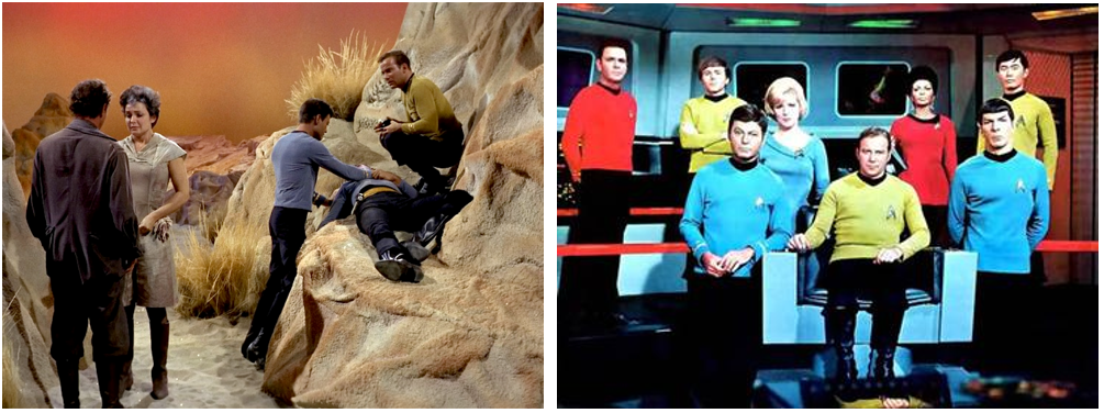 Left: A scene from The Man Trap, the premiere episode of Star Trek. Right: The cast of the original Star Trek series from a promotional ad for the 1968-1969 season. Credits: NBC-TV