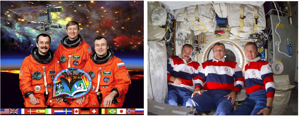 Left: The official photo of the Expedition 3 crew of Mikhail V. Tyurin, left, Frank L. Culbertson, and Vladimir N. Dezhurov. Right: Tyurin, left, Dezhurov, and Culbertson aboard Space Shuttle Discovery, eager to board the space station. Credits: NASA