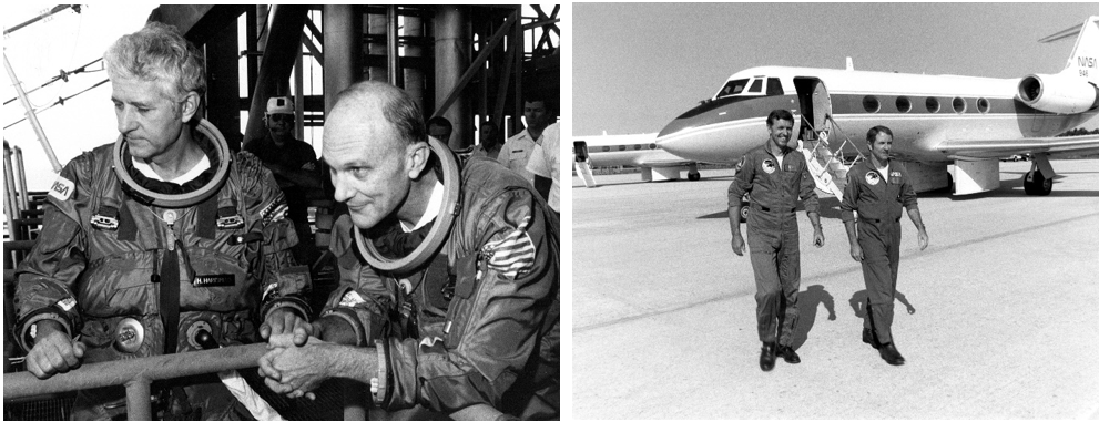 Left: STS-2 backup astronauts Henry W. “Hank” Hartsfield, left, and Thomas K. “TK” Mattingly during emergency egress training at Launch Pad 39A at NASA’s Kennedy Space Center in Florida. Right: STS-2 astronauts Joe H. Engle, left, and Richard H. Truly at Kennedy for the countdown demonstration test. Credits: NASA