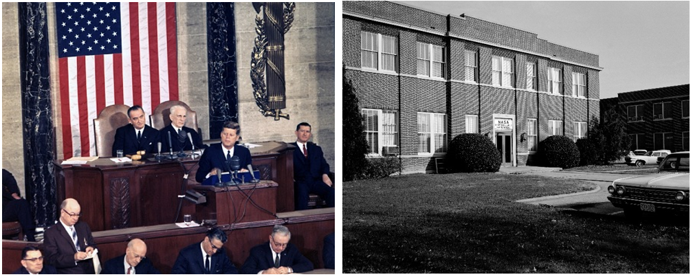 Left: President John F. Kennedy’s May 25, 1961, address to a Joint Session of Congress committing the nation to a Moon landing before the end of the decade. Right: Headquarters building of the Space Task Group at NASA’s Langley Research Center in Hampton, Virginia. Credits: NASA