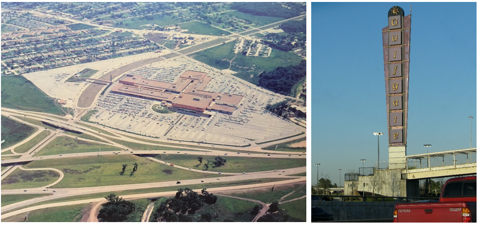 Left: The Gulfgate Shopping City in the early 1960s, where the Manned Spacecraft Center first opened temporary offices. The Gulf Freeway runs along the bottom of the image, while the 610 Loop Freeway at top exists only as feeder roads that end at the shopping center. Right: The Gulfgate sign is what remains of the original shopping center torn down in 2001 to make way for a new strip shopping mall.