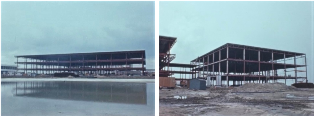 Two views of early construction of what was then called the Integrated Mission Control Center in June 1963. Left: The administration wing. Right: The mission operations wing. Credits: NASA