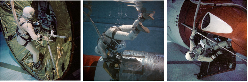 Using mock-ups of the Gemini and Agena spacecraft in the pool at the McDonogh School in Owings Mills, Maryland, astronaut Edwin E. “Buzz” Aldrin trains for his Gemini XII spacewalks in October 1966. Left: Aldrin at the rear of the Gemini spacecraft’s instrument compartment. Middle: Aldrin at the Agena adapter. Right: Aldrin exits the Gemini spacecraft. Credits: Environmental Research Associates