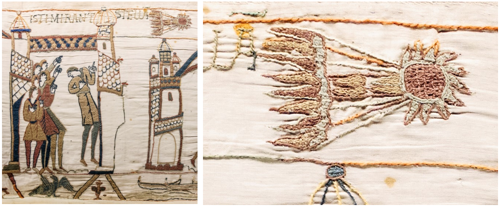 Left: Scene from the 11th century Bayeux Tapestry, showing the Battle of Hastings with a comet in the sky. Right: Closeup of the comet from the Bayeux Tapestry. Credits: Anglo-Saxon Archaeology