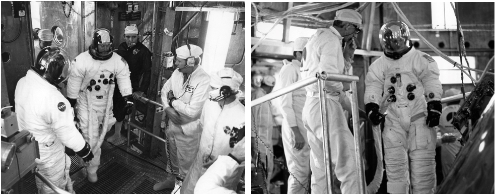 Left: Apollo 16 astronauts John W. Young, left, and Charles M. Duke arrive in a vacuum chamber in the Manned Spacecraft Operations Building at NASA’s Kennedy Space Center in Florida to conduct an altitude test of their Lunar Module. Right: Apollo 16 astronaut Thomas K. Mattingly about to enter the Command Module with Young and Duke to conduct an altitude test. Credits: NASA