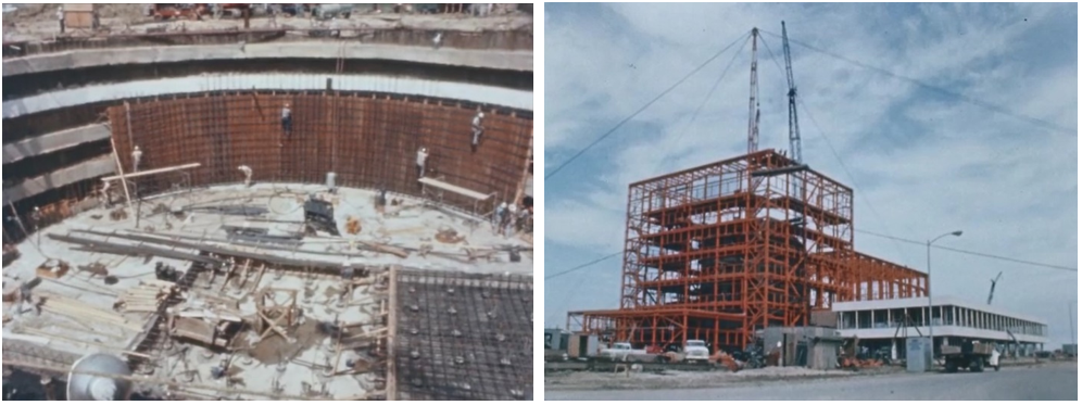 Left: The area of the future Chamber A excavated during the construction of the Space Environment Simulation Laboratory in Building 32 in late 1963. Right: Building 32 under construction in March 1964, with Chamber A visible through the steel infrastructure. Credits: NASA