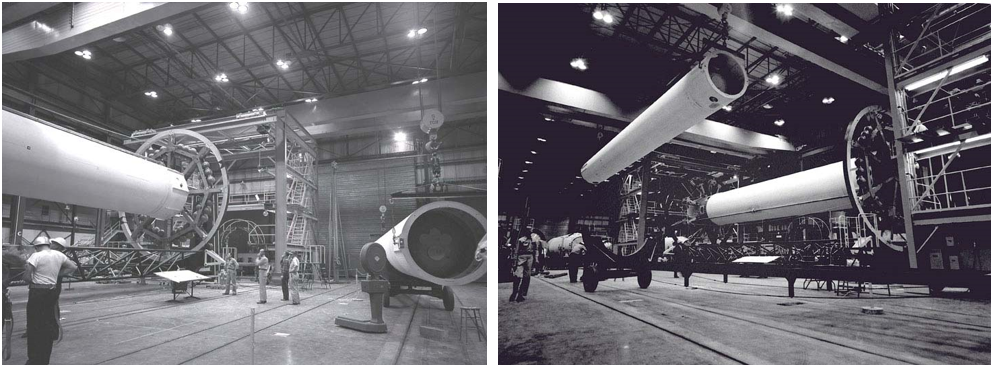 Left: The central liquid oxygen tank at left during assembly of the first Saturn C-I booster stage in January 1960. Right: Workers lift one of the peripheral tanks to attach it to the central tank during assembly of the first Saturn C-I booster in 1960. Credits: NASA