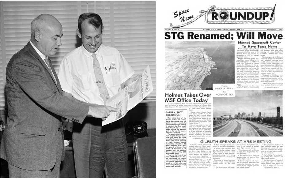 Left: Director of the newly named Manned Spacecraft Center in Houston, now NASA’s Johnson Space Center, Robert R. Gilruth, left, and his special assistant Paul E. Purser read the inaugural issue of the Space News Roundup announcing the renaming of the Space Task Group and its relocation to Houston. Right: The front page of the Space News Roundup issue that Gilruth and Purser are reading. Credits: NASA