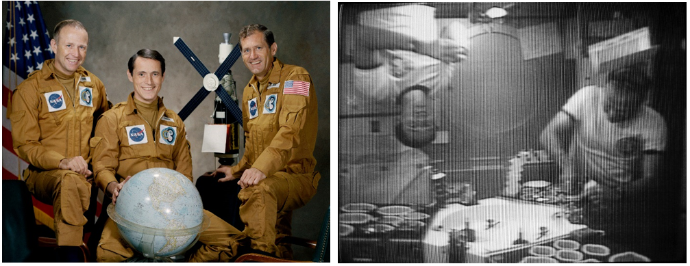 Thanksgiving 1973. Left: Skylab 4 astronauts Gerald P. Carr, Edward G. Gibson, and William R. Pogue, the first crew to celebrate Thanksgiving in space. Right: Gibson, left, and Carr demonstrate eating aboard Skylab. Credits: NASA