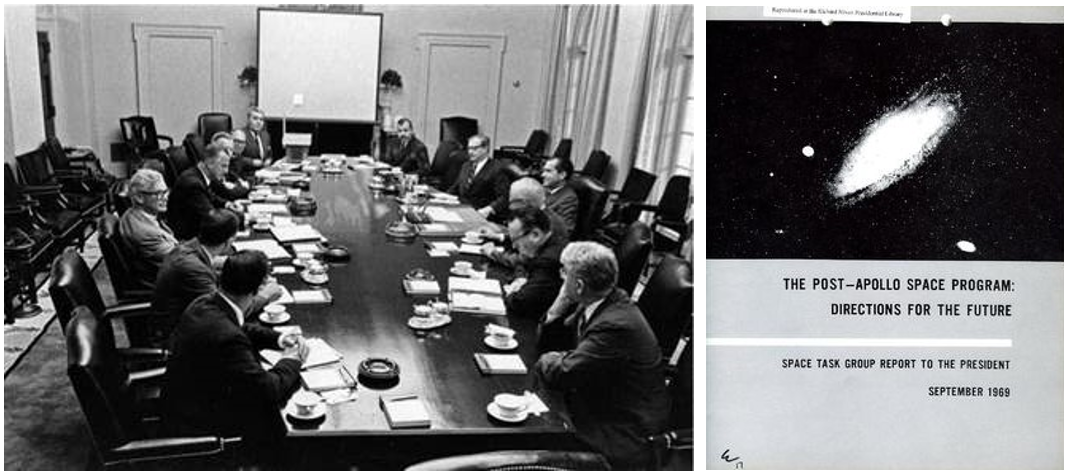 Left: Meeting at the White House to present the Space Task Group (STG) Report to President Richard M. Nixon. Credits: Courtesy Richard Nixon Presidential Library and Museum. Right: The cover of the STG Report submitted to President Nixon. Credits: NASA