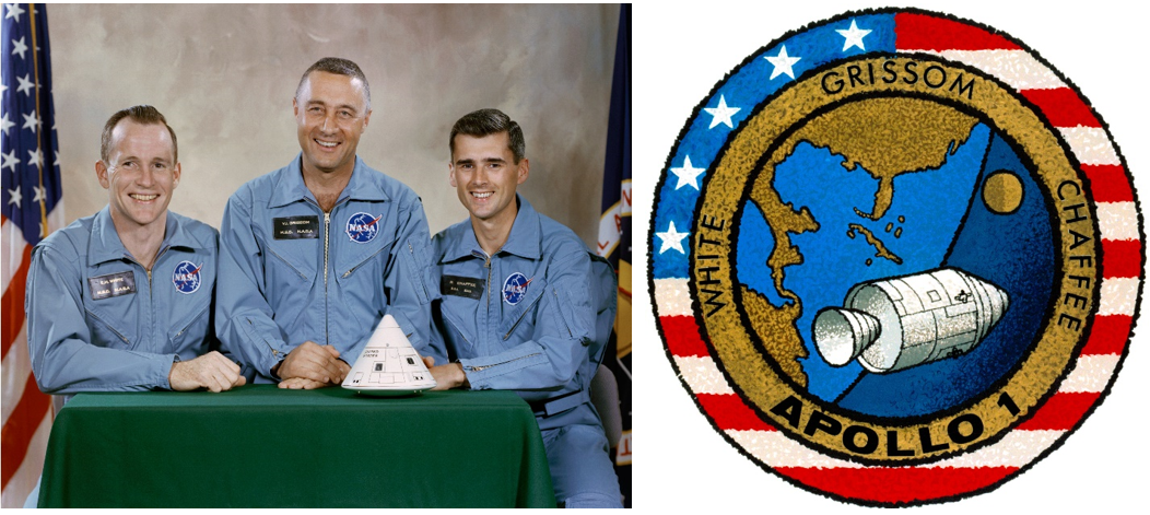 Left: Edward H. White, left, Virgil I. “Gus” Grissom, and Roger B. Chaffee, the crew of Apollo AS-204, also known as Apollo 1. Right: The mission patch of the Apollo 1 crew. Credits: NASA