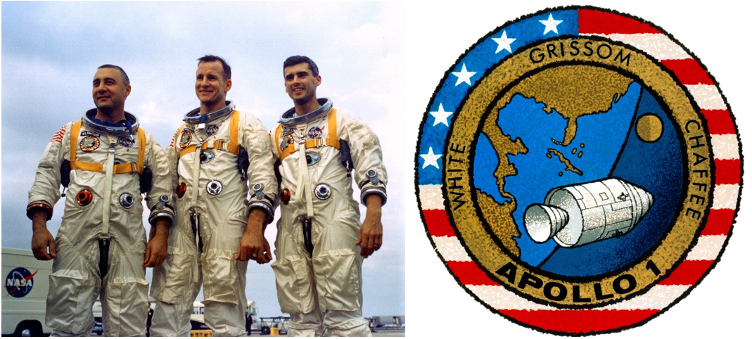 Left: Apollo 1 astronauts Virgil I. “Gus” Grissom, left, Edward H. White, and Roger B. Chaffee pose for photographers during a media event at Launch Complex 34. Right: The mission patch for the Apollo 1 crew. Credits: NASA