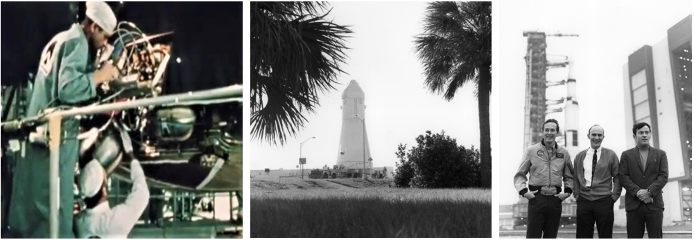 Left: Technicians in the Manned Spacecraft Operations Building (MSOB) at NASA’s Kennedy Space Center in Florida replace reaction control system tanks in Apollo 16’s Command Module. Middle: Ground crews transport the Apollo 16 spacecraft from the MSOB to the Vehicle Assembly Building (VAB) for restacking onto the Saturn V rocket. Right: Apollo 16 astronauts Charles M. Duke, Thomas K. Mattingly, and John W. Young in front of their Saturn V rocket as it rolls out of the VAB. Credits: NASA