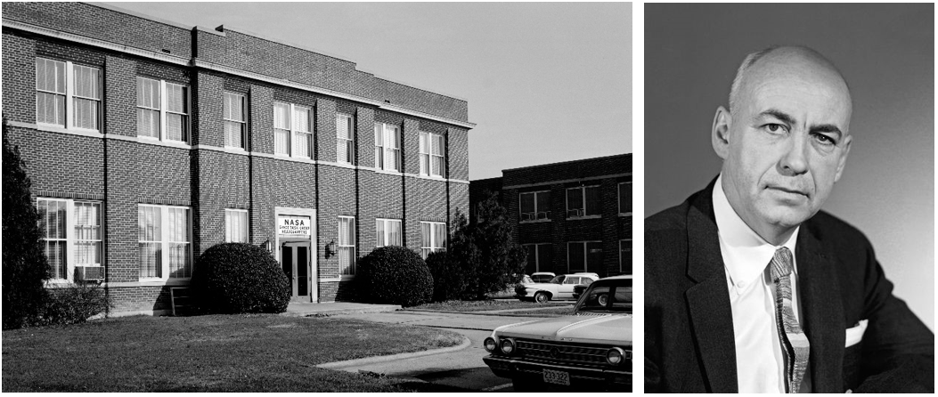 Left: The Headquarters of the Space Task Group (STG) at NASA’s Langley Research Center in Hampton, Virginia. Right: Robert R. Gilruth, director of the STG. Credits: NASA