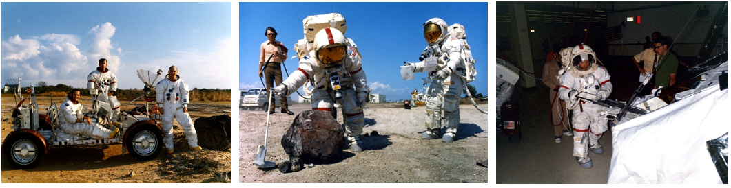 Left: Apollo 16 astronauts Charles M. Duke, left, John W Young, and Thomas K. “Ken” Mattingly pose with the Lunar Roving Vehicle training unit at NASA’s Kennedy Space Center in Florida. Middle: Young, left, and Duke practice collecting lunar samples. Right: Young trains with the Cosmic Ray Detector, one of the seven experiments deployed on the lunar surface during Apollo 16. Credits: NASA